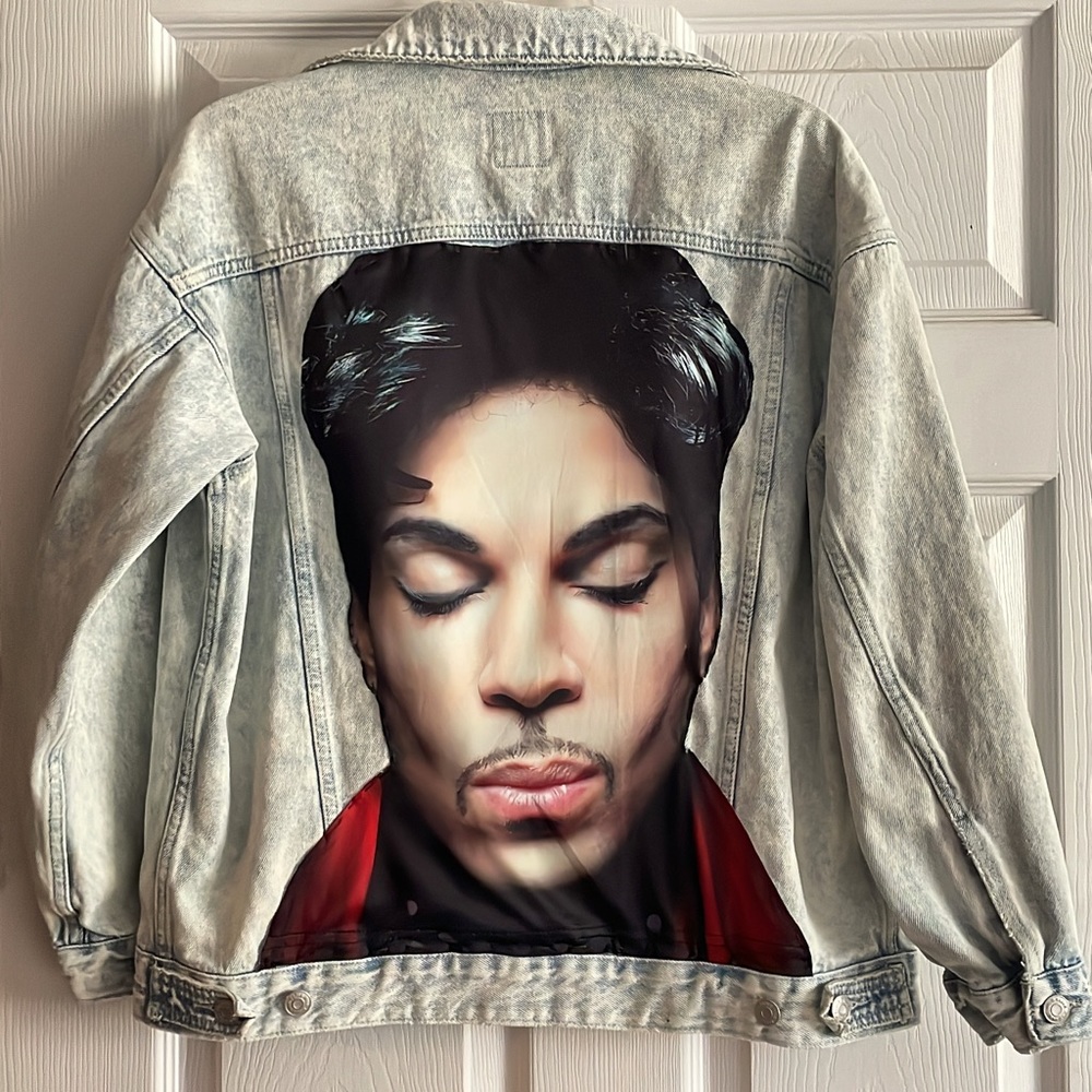 Custom Prince denim jacket, 23 inches pit to pit, men’s XS